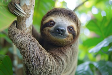 Fototapeta premium A playful sloth hangs upside down on a tree branch with a cute face, capturing the joy of life in a lush green forest during a sunny afternoon