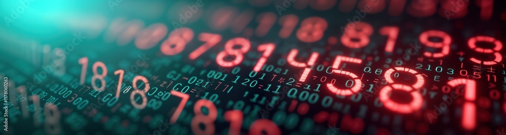 Poster Abstract futuristic digital display with glowing numbers, binary code. Dynamic vibrant colors suggest data flow. Tech background ideal for tech events. Complex digital pattern evokes advanced