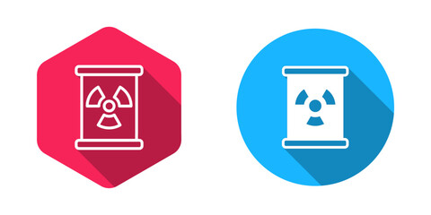 Filled and outline Radioactive waste in barrel icon isolated with long shadow background. Toxic refuse keg. Radioactive garbage emissions, environmental pollution. Vector