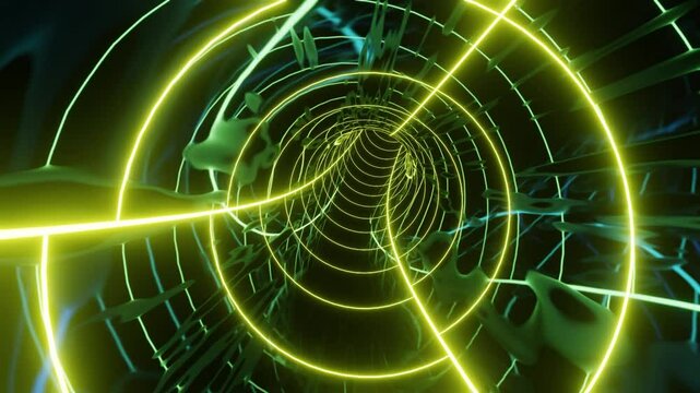 3D illustration of an infinite tube shaped tunnel with glowing yellow and green neon lights