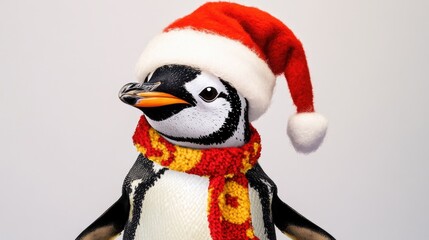 A penguin dressed in festive attire, perfect for holiday seasons or winter scenes