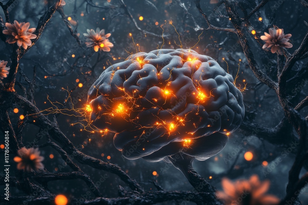 Poster vibrant 3d brain render with glowing neurons and flowering branches on a dark background