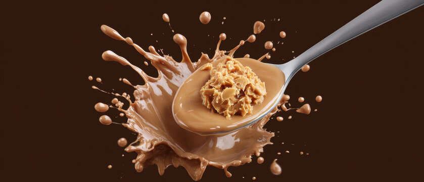 Chocolate milk splash with peanut butter spoon on rich brown background enriches visual delight