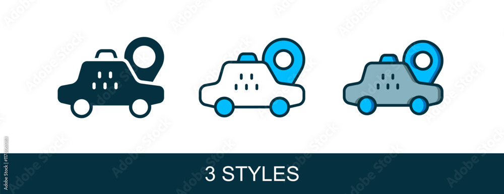 Poster filled outline map pointer with taxi car icon isolated on white background. location symbol. vector