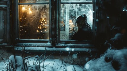Obraz premium A person is gazing out of a window, admiring a beautiful Christmas tree