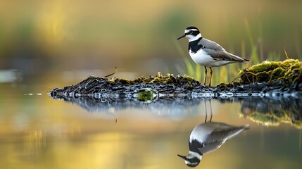 A Lapwing bird with shimmering metallic silver and gold feathers, standing by the edge of a tranquil lake, its reflection mirrored in the calm waters.