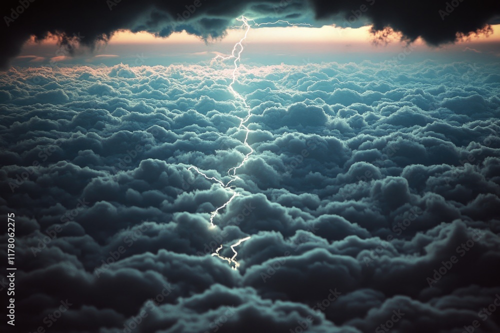 Poster a stunning image of a lightning bolt illuminating a cloudy sky, perfect for use in weather or scienc