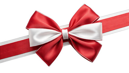 A vibrant red and white satin bow with a sleek design, featuring metallic accents on the edges. Perfect for holiday gifts, patriotic events, or festive decorations, with a transparent background.
