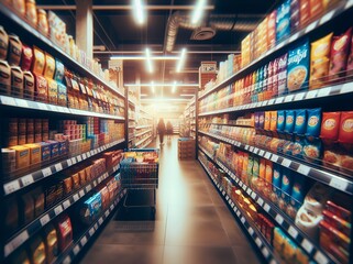 Blurred supermarket aisle with stocked shelves, highlighting a variety of products and consumer convenience.