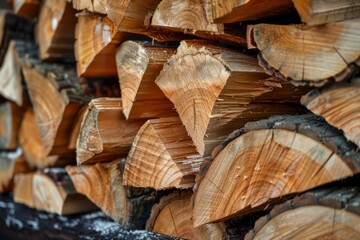 Fototapeta premium Photo of Big stack of chopped firewood outdoors. Background texture for backdrops or mapping