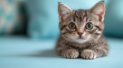 Obraz premium A small kitten sits on a bed, looking around curiously