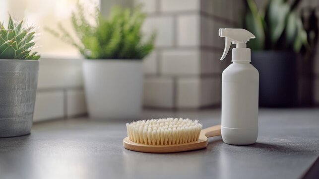 Minimalist scene with a cleaning brush and cleaner bottle on a countertop, symbolizing tools for quick, efficient cleaning. The setup emphasizes cleanliness, organization, and simplicity