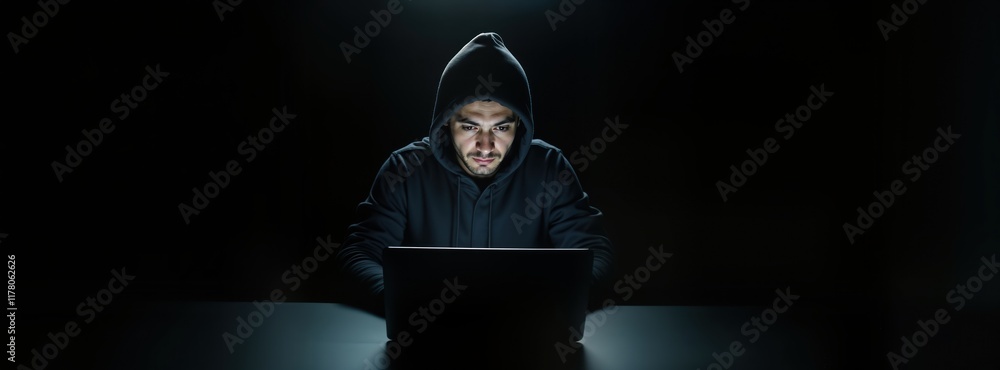 Poster man in dark hoodie uses laptop in dark room. focused on work. person looks intently at screen. digit