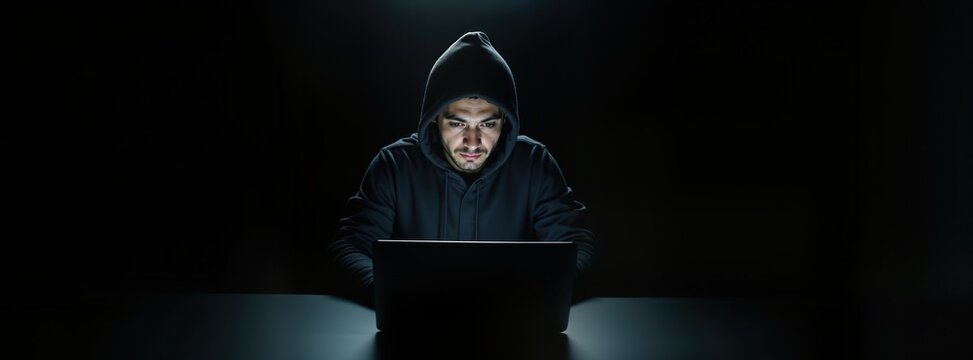 Man in dark hoodie uses laptop in dark room. Focused on work. Person looks intently at screen. Digital crime concept. Tech specialist using pc. Dark environment. Cybersecurity theme. Online activity.