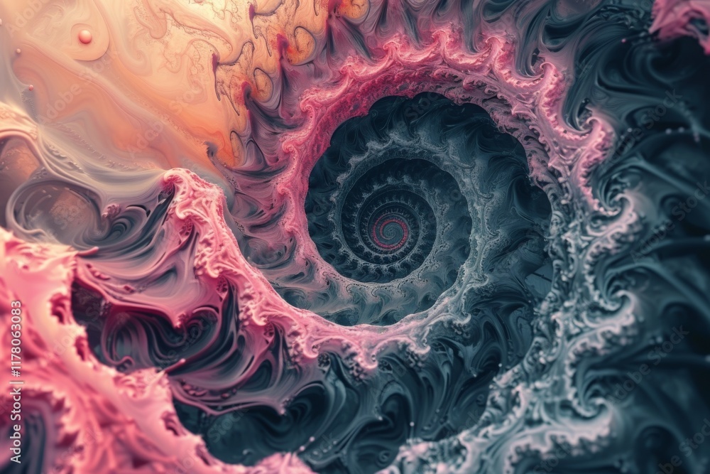 Poster a mesmerizing swirl of fractal patterns and liquid forms creates a dreamlike landscape, inviting vie