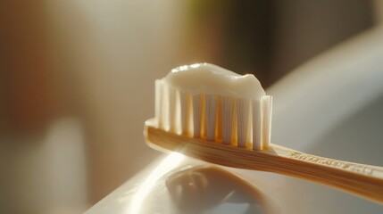 Eco-friendly bamboo toothbrush mindful displaying fresh white toothpaste against warm sunlit backdrop