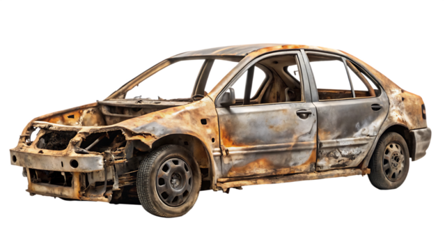 Rusty Abandoned Car Frame in a Scrap Yard isolated on white background as transparent. PNG.AI GENERATED