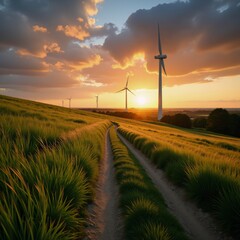 Obraz premium A winding trail passes through a meadow with wind turbines against a setting sun embodying renewable energy and sustainability