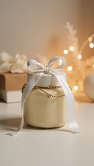 A beautifully wrapped cream jar pops against a backdrop of festive decorations with soft lighting