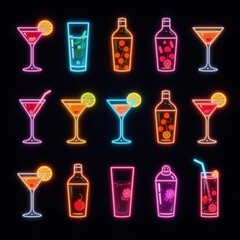 A sleek minimalist vector design showcasing an assortment of neon cocktail icons against a dark backdrop