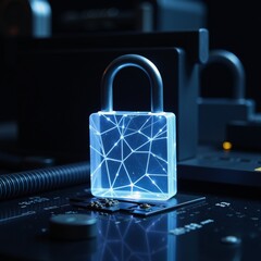 Glow polygon padlock against tech backdrop cybersecurity theme cyber secure