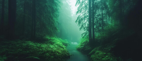 Fototapeta premium Cool forest stream flowing through lush greenery in a serene woodland setting
