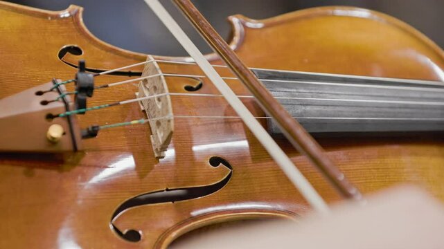 Musician playing violin bow across strings closeup