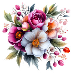 Nature, flowers, clipart watercolor painting of flower, symmetrical pattern, botanical print on white background, vintage style.QW-0778