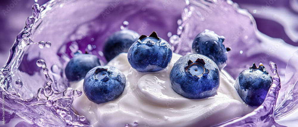 Poster cream splash with fresh blueberries creating a vibrant display on a violet background
