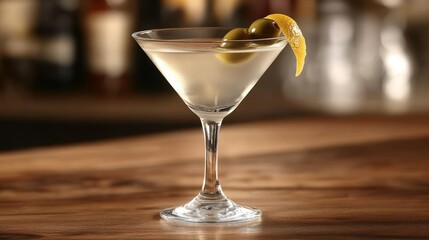 Martini mocktail, served in a classic martini glass, filled with clear, chilled liquid, and garnished with an olive and a lemon twist. The drink is placed on a polished wood surface