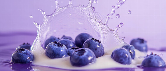Cream splash surrounding fresh blueberries on a vibrant violet backdrop