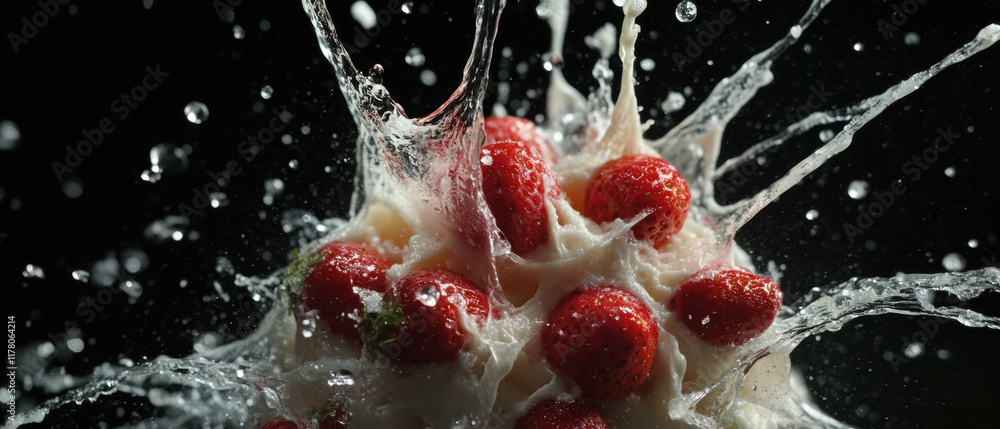 Poster cream splash with fresh strawberries creating an artistic display on a dark background
