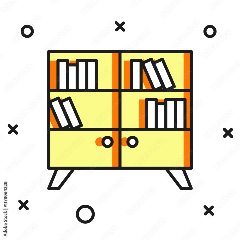 Poster filled outline library bookshelf icon isolated on white background. flat filled outline style with s
