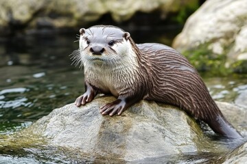 Fototapeta premium A river otter sits on a rocky outcropping, enjoying its surroundings