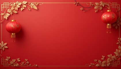 Red Chinese New Year Background with Lanterns and Gold Floral Design