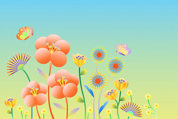 Colorful Floral Scene with Butterflies in a Spring Meadow