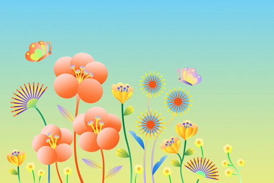 Colorful Floral Scene with Butterflies in a Spring Meadow