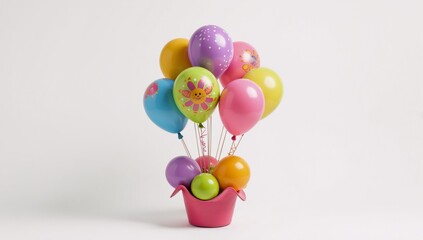 A party scene with colorful balloons against a clean white backdrop cartoon style