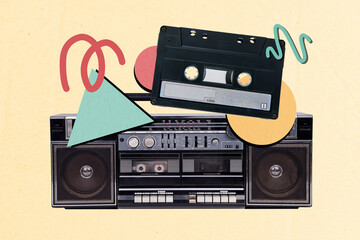 Sketch image trend artwork montage 3D photo collage of party rest night occasion nightclub boombox cassette listen music playlist retro