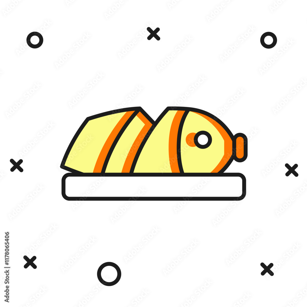 Poster filled outline fish with sliced pieces with knife icon isolated on white background. flat filled out