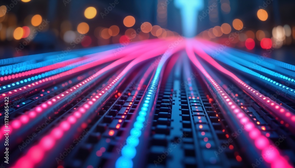 Aufkleber Colorful glowing LED tubes form network design. Modern tech equipment with bright lights. High-tech network cabling. Intricate connection system. Futuristic tech. Data flow. Digital lines. Close-up