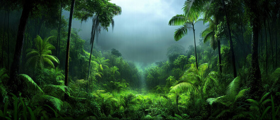 Dense jungle foliage thrives in vibrant colors after a refreshing rainstorm