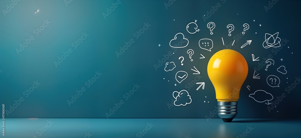 Aufkleber creative brainstorming concept with yellow lightbulb surrounded by white sketches of ideas, question