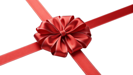 A classic red satin bow with a smooth texture, tied in an elegant style and accompanied by matching ribbons crossing symmetrically. The design is ideal for gift wrapping, festive decorations, 