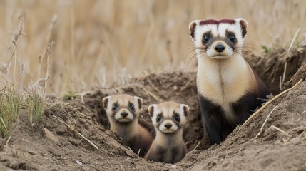 Fototapeta premium A group of ferrets standing together in a hole, with their curious faces and bushy tails