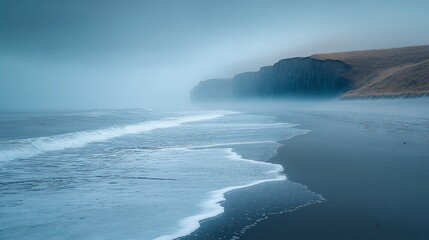 Fototapeta premium Misty Ocean Waves Crashing on a Black Sand Beach Near Cliffs