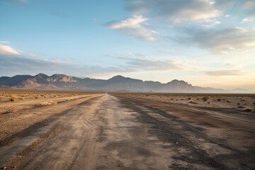 Expansive desert road at dawn  tire tracks stretching into the unknown amidst mountainous backdrop