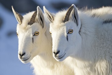 Fototapeta premium Two mountain goats standing together in a snowy landscape