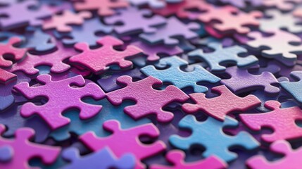 Isometric puzzle pieces on purple background. Concept of teamwork, communication, problem or challenge solution. Vector 3d illustration of unfinished colorful jigsaw game