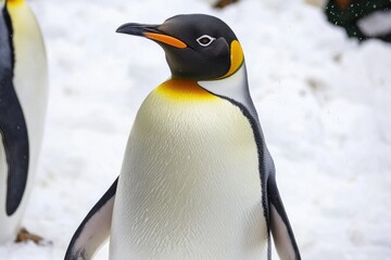 Obraz premium Two penguins stand together in snowy environment, ideal for winter scenes or animal-themed projects